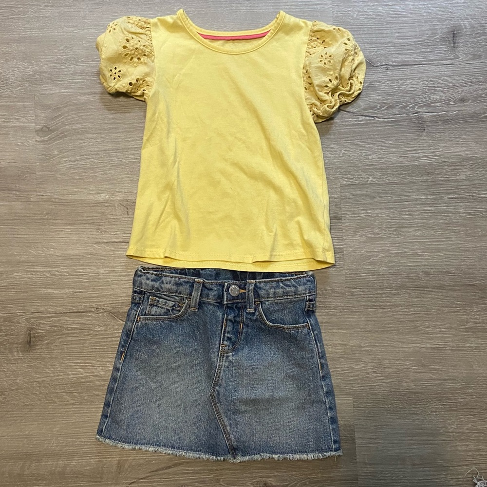 SOLD Cute Summer Toddler Girl 3T Outfit Denim Skirt and Yellow Eyelet Top